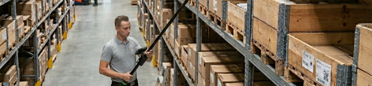 Inspección de inventario con cámara montada sobre percha telescópica